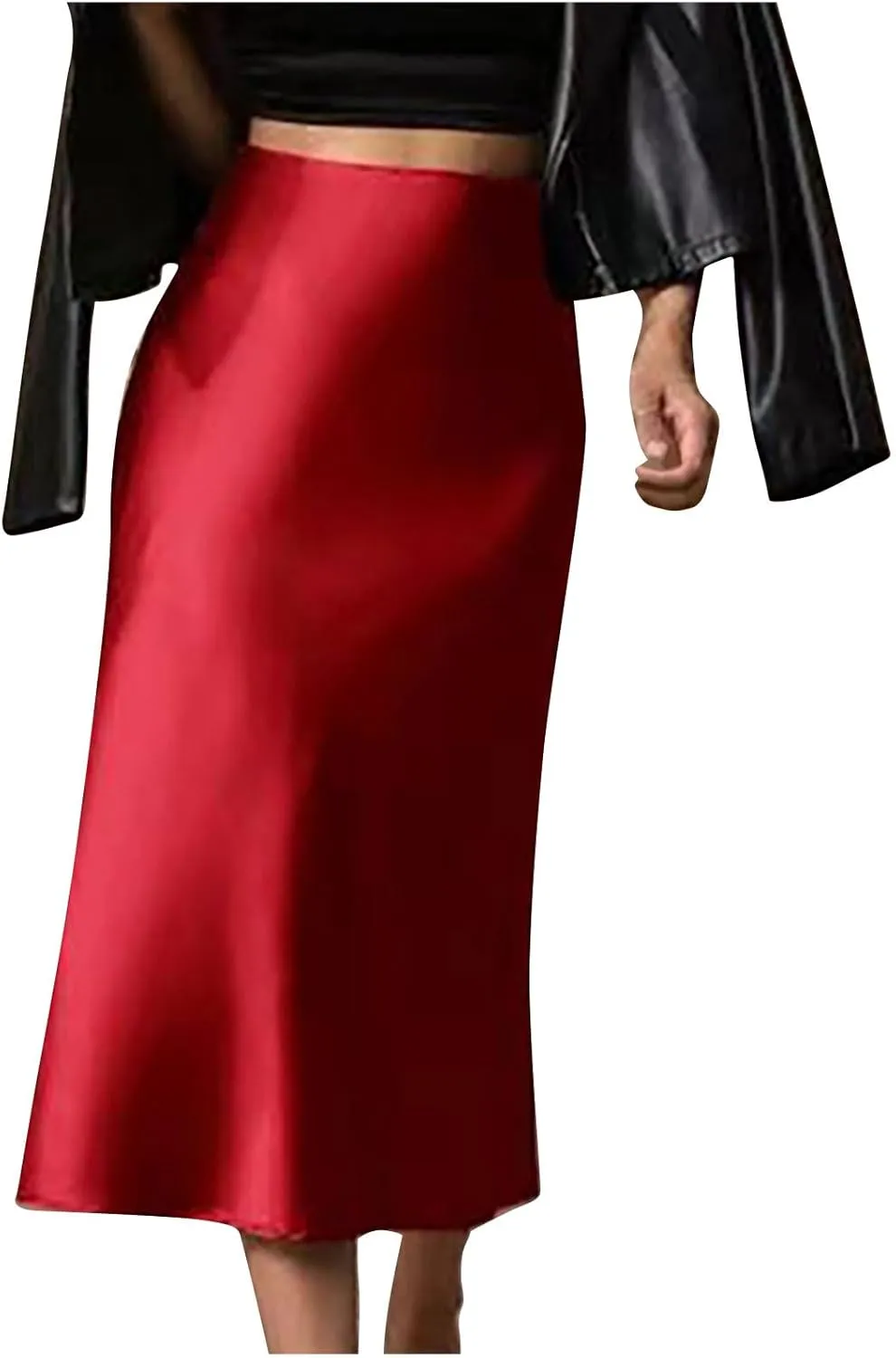 Womens Satin Skirts Business Casual Silk Midi Skirt High Waisted Long Skirts Solid Color Elegant Pencil Work Skirts