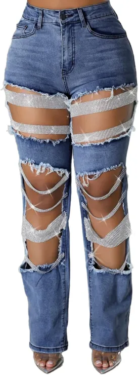 Womens Sexy Ripped Jeans High Waisted Rhinestones Pearl Chains Distressed Baggy Jeans Party Clubwear Denim Pants